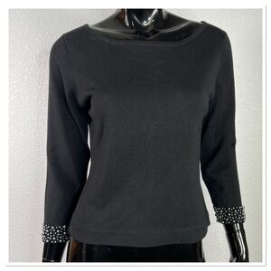 Oleg Cassini Black Boatneck Sweater with Beaded Cuffs